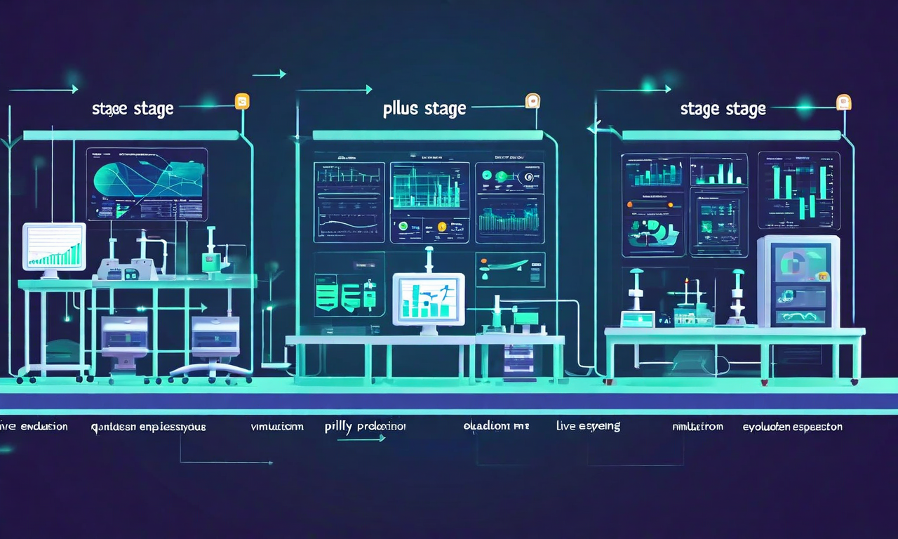 GRADE導入の段階的ロールアウト戦略を示す3段階の進化図。左からプロトタイプ段階（実験的環境）、パイロット展開段階（制御された拡張と監視）、本番運用段階（スケーリングされたインフラ）へと上昇する矢印で繋がっている。各段階にはリスク低減チェックポイント、検証ゲート、品質保証マーカーが配置されており、段階間にはデータフローとフィードバックループが表現されている。
