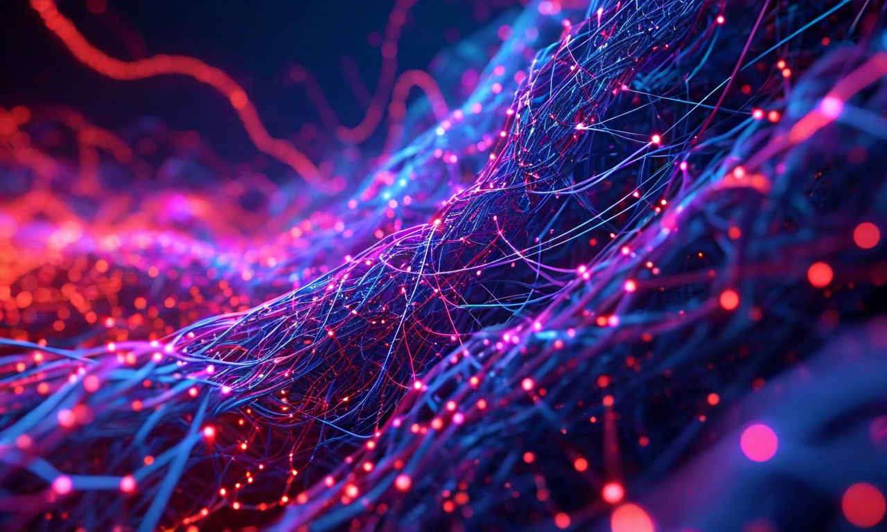 ポリシーグラディエント法の運用上の課題を表現した抽象的なビジュアル。複雑に絡み合う糸状のパターン、高分散を示す不規則な勾配フロー、多数のハイパーパラメータを表す複雑な結び目、訓練不安定性を示す振動する波形、遅い収束を表す蛇行する経路が、層状に重なり合っている。深い青、紫、赤の色調に明るいアクセント色が使用されている。