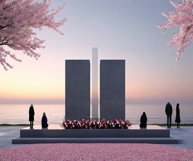A memorial stone monument with flowers at its base overlooking a calm ocean at dawn, with silhouettes of people of different generations standing in quiet reflection, representing the 15th anniversary commemoration of the Great East Japan Earthquake