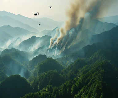 Aerial view of mountainous forest terrain with smoke and emergency helicopters conducting wildfire suppression operations over dense Japanese woodland