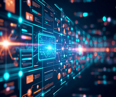 Abstract visualization of AI-powered business discovery showing conversational interface connecting to illuminated business profiles through neural network pathways