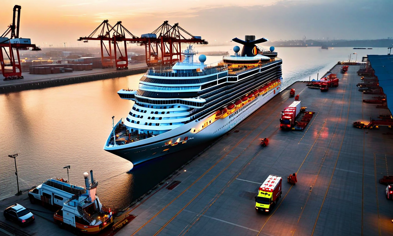A cruise ship docked at a port terminal with emergency response coordination visible, depicting a professional public health response scenario