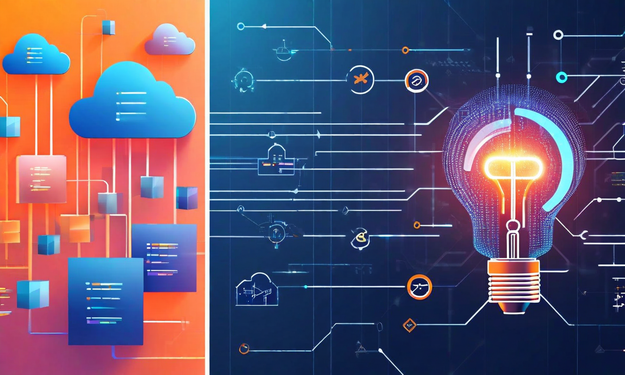 Split illustration showing cloud infrastructure modernization on the left with evolving server instances, and AI innovation concepts on the right with circuit patterns, connected by an upward growth trajectory
