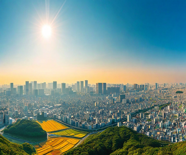 Panoramic view of Japanese landscape under intense summer heat showing urban and rural areas with visible heat haze effects and bright sunlight, illustrating widespread high temperature conditions across the nation