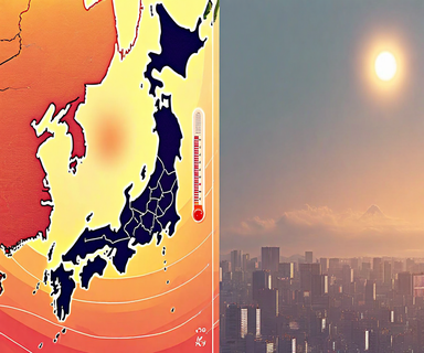 Weather visualization showing Japan map with heat zones and thermometer indicating temperatures exceeding 30-35 degrees Celsius across eastern and western regions during summer heatwave