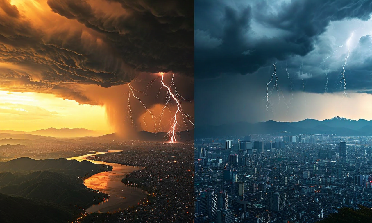 Split composition showing severe weather contrast in Japan: dark storm clouds with heavy rainfall on the left side and intense heat with bright sunlight on the right side, representing simultaneous meteorological threats across different regions