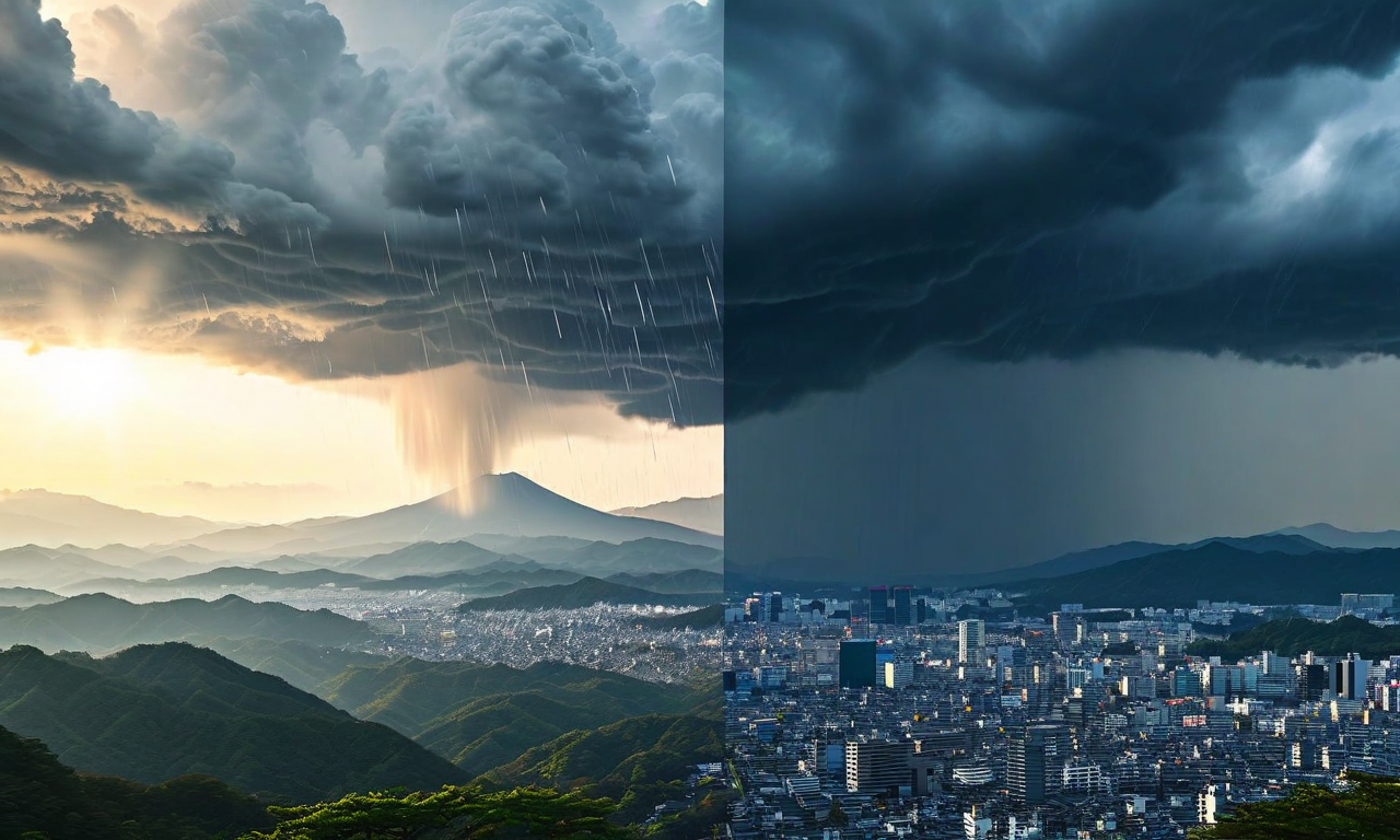 Split meteorological illustration of Japan showing contrasting weather conditions: heavy rainfall and storm clouds over northern Tohoku region on one side, and intense heat with bright sunlight over eastern and western Japan on the other side, divided by a stationary weather front