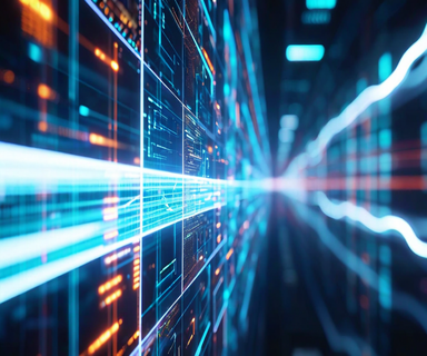 Abstract visualization of real-time video generation showing flowing luminous video frames cascading seamlessly with light trails and digital elements, representing instantaneous video processing technology