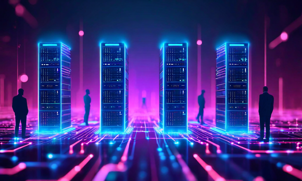 AI企業の4つの主要な資本投下領域を表現した抽象的なビジュアル。モデル学習インフラ(ニューラルネットワーク)、コンピュート資源(サーバータワー)、人材採用(専門家シルエット)、顧客獲得(デジタル接続)が、発光する幾何学模様と流動するデータストリームで相互に結合されている。