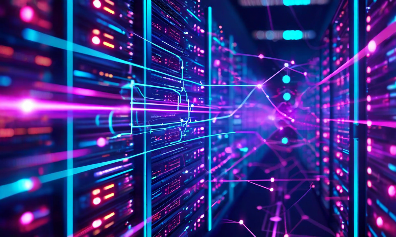 AI企業の実装と運営パターンを表現した図。アジャイル開発サイクル、継続的なモデル改善パイプライン、リアルタイムデータ処理フロー、スケーラブルなクラウドインフラストラクチャが統合された様子を示す。青紫色の配色で、相互接続されたノード、監視ダッシュボード、自動化されたワークフロー、データ変換ステージが視覚化されている。
