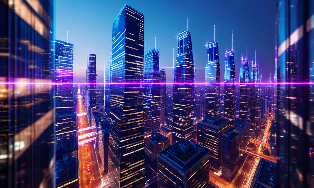 Aerial view of illuminated skyscrapers clustered together at dusk, with taller buildings in the center representing capital concentration in AI startups, connected by flowing light streams symbolizing data and network connections