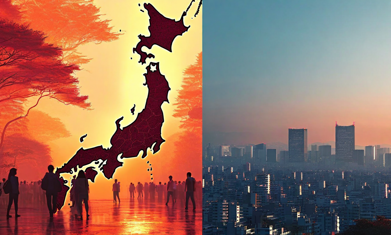 Illustration showing a heat map of Japan with red and orange zones indicating high temperatures, alongside an urban Japanese cityscape with visible heat wave effects rising from buildings