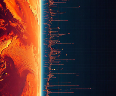 Visualization of Earth's ocean with heat map overlay showing elevated temperatures in warm colors, combined with scientific measurement instruments and data visualization elements depicting ocean temperature monitoring technology