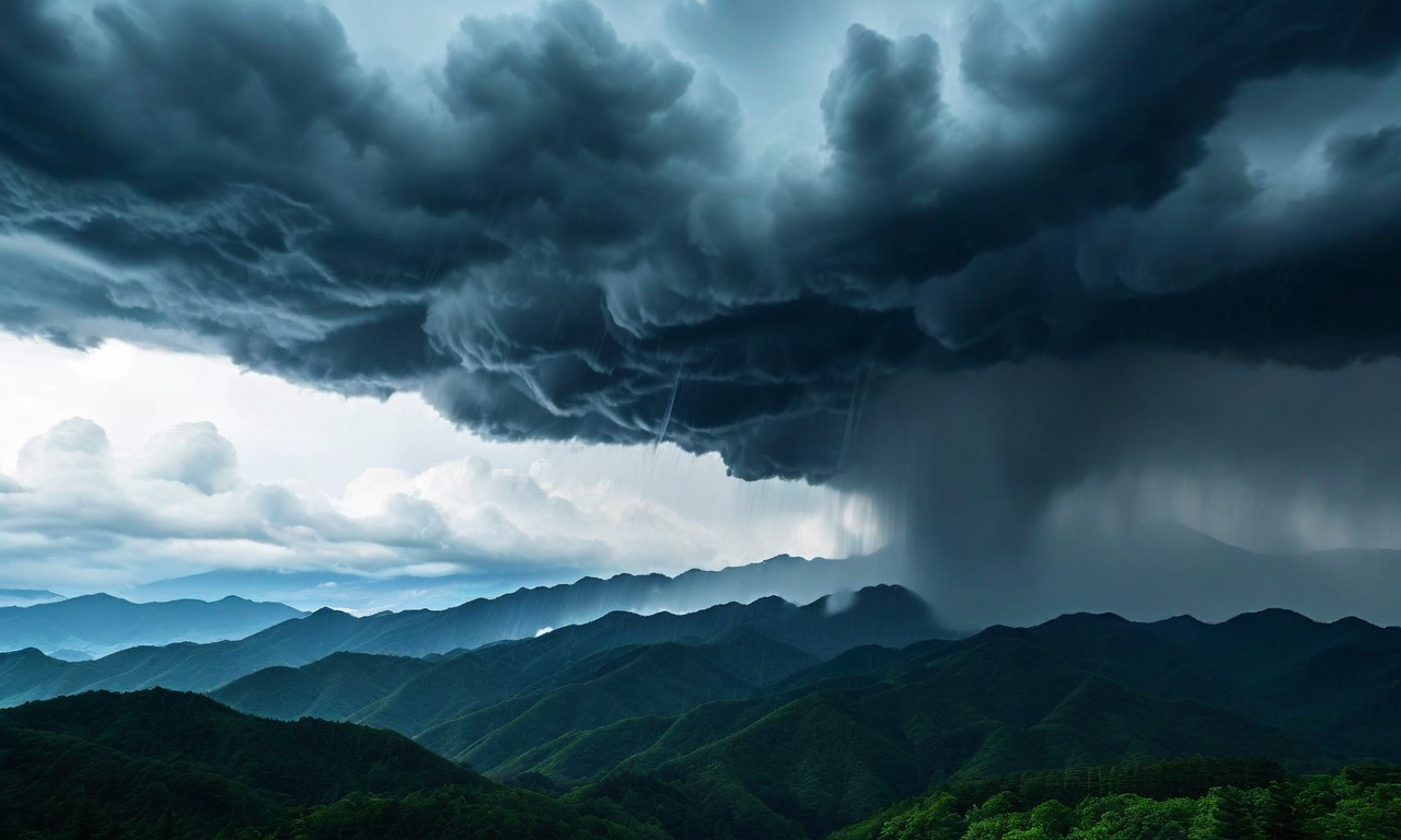 Dark storm clouds and heavy rainfall over mountainous terrain depicting a frontal weather system bringing severe precipitation to northern Japan
