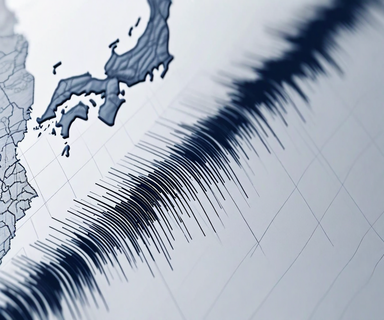 Seismograph wave patterns showing earthquake activity with a map of Hokkaido, Japan, highlighting the Tokachi region as the epicenter with radiating seismic waves