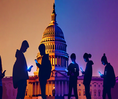 Split composition showing teenagers using digital devices on the left side and the U.S. Capitol building on the right, connected by a protective shield symbol, representing online safety legislation for minors
