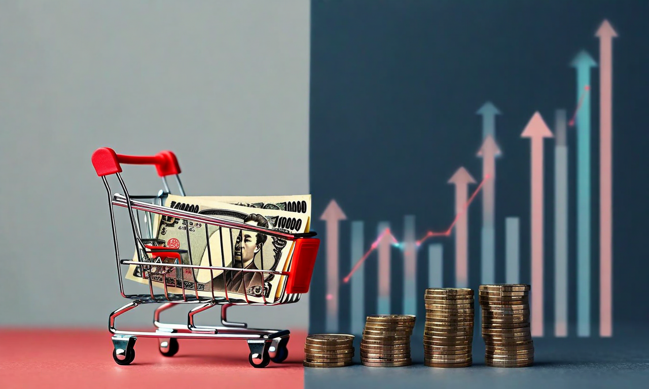Split composition image contrasting Japanese currency representing stable nominal spending on the left with a sparsely filled shopping basket on the right, symbolizing declining real household consumption and purchasing power