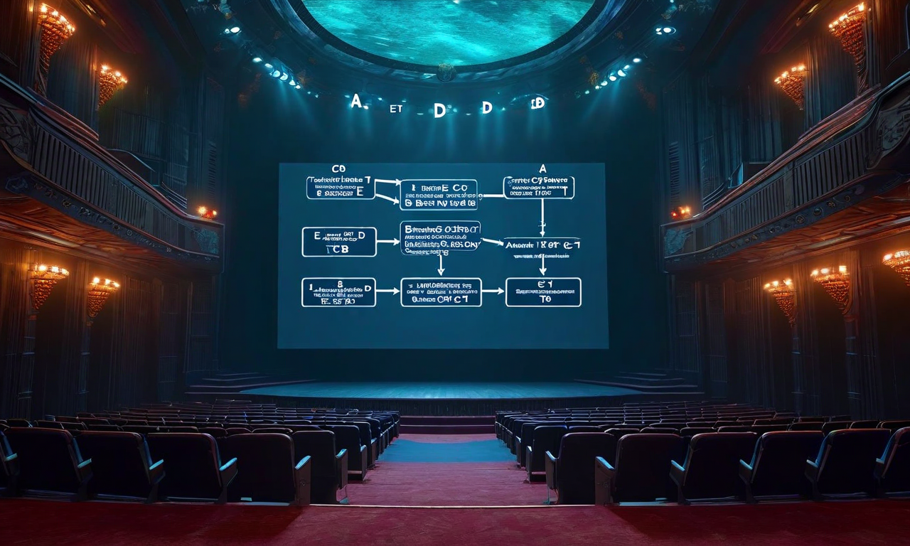 映画館業界の立場分裂を示す図。頂点の『映画館業界』から3つの主要グループに分岐：NATO（全体的反対、交渉力弱、統一戦線）、AMC・Cineworld大手チェーン（交渉力強、支持・譲歩姿勢）、地域チェーン（交渉力中程度、柔軟で分散した立場）。各グループの交渉力と市場ポジションの差異を表現し、最終的に業界内の分裂と対立、交渉戦略の多様化、市場シェアの再編成へと収束する構造を可視化。