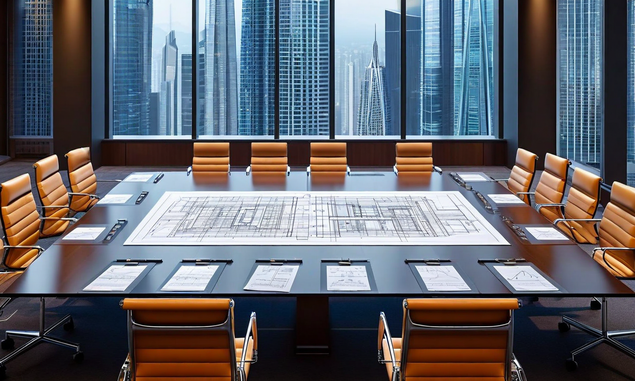 Overhead view of a corporate conference table with movie theater seat models and building models facing each other, surrounded by business documents, symbolizing the Skydance-Paramount acquisition and theater chain negotiations