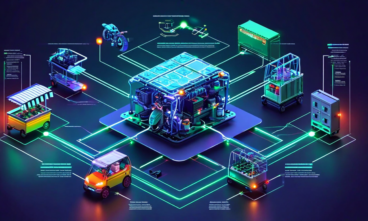 標準化されたバッテリーユニットを中心に、配達バイク、食品カート、その他のモバイル機器の3つの異なる用途が接続されている技術イラスト。各用途はエネルギー経路と互換性インターフェースを通じてバッテリーに接続されており、統一された電気仕様と相互運用性の重要性を視覚化している。