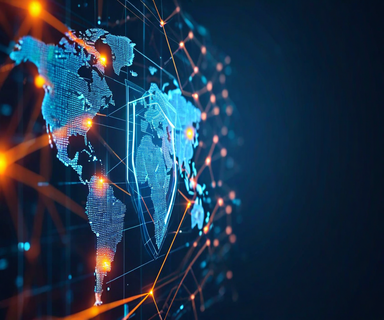 A digital shield fragmenting into particles with global network connections and institutional structures fading in the background, representing the dissolution of foreign disinformation monitoring infrastructure