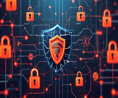 Illustration of a fractured security shield with scanner symbol, showing credential data being extracted through compromised connections in a software supply chain network