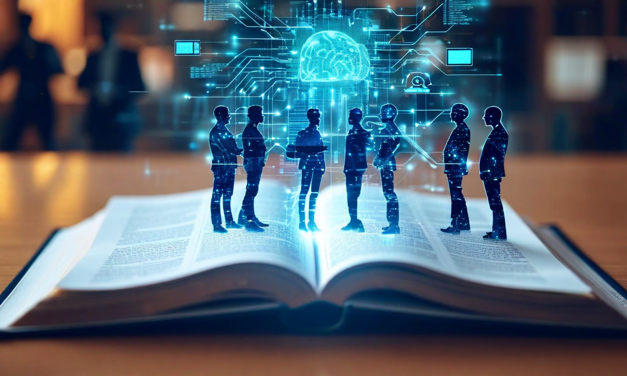 An open book with holographic AI neural network patterns emerging from its pages, surrounded by silhouettes of people collaborating, representing the thoughtful integration of artificial intelligence in educational settings