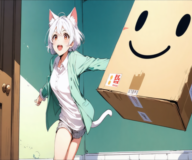 買い物箱の山に囲まれたネコさんの頭上に、自分の購入履歴から作られた「わたし像」の雲が次々と降りてきて、驚いている様子のイラスト。
