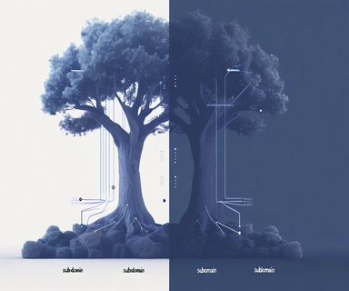 Split-screen comparison illustration showing subdomain architecture as a separate branch versus subdirectory architecture as an integrated branch, with visual representations of link authority flow patterns