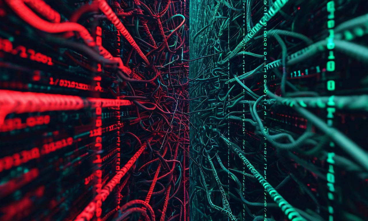 Split image showing tangled, chaotic code structure on one side mirroring clean, organized code on the other, illustrating the paradox of intentional versus unintentional code complexity