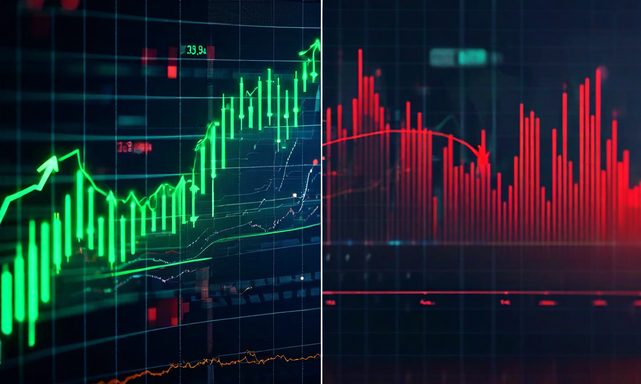 Split composition showing rising stock chart with green upward trend transitioning to red downward correction, symbolizing the disconnect between market expectations and actual earnings performance