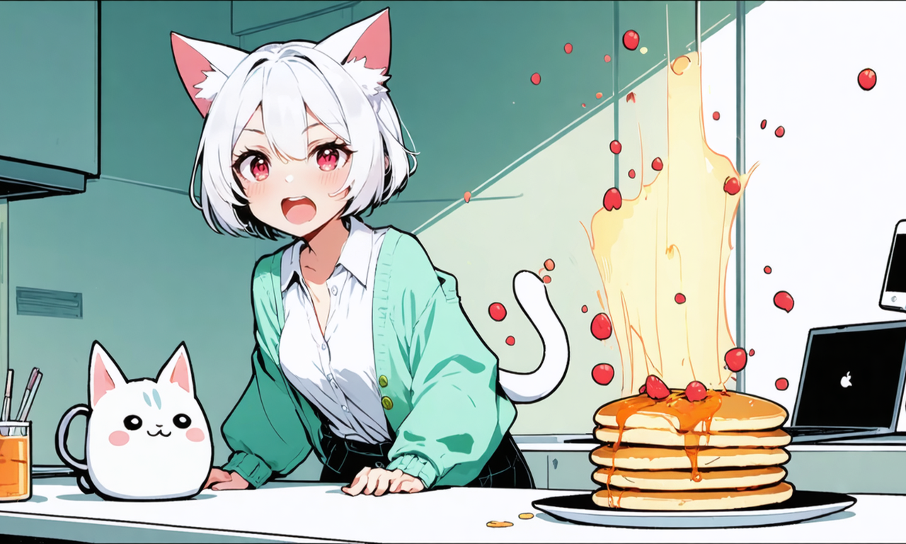 不安定にぐらつくパンケーキの山を運ぶ小さなスマホのキャラクターと、受け皿を差し出す大きな雲のキャラクター、そして驚くNeko-san。
