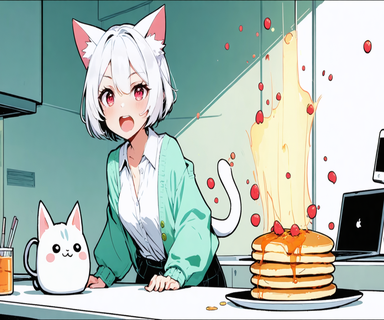 不安定にぐらつくパンケーキの山を運ぶ小さなスマホのキャラクターと、受け皿を差し出す大きな雲のキャラクター、そして驚くNeko-san。