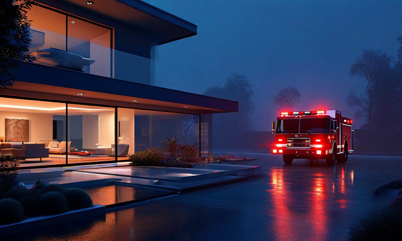 Cross-section illustration of a house at night showing fire safety equipment including smoke detectors and emergency response vehicles, emphasizing the importance of early fire detection and rapid emergency response in residential settings