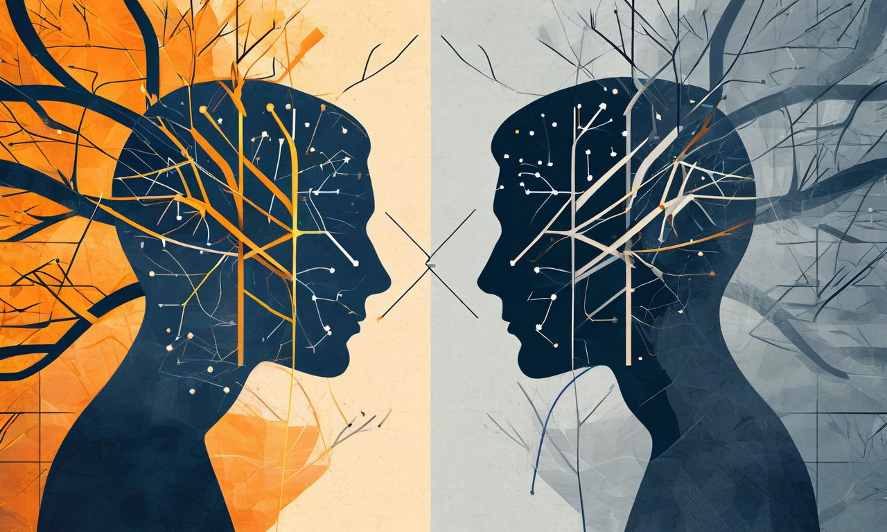Abstract illustration of two facing silhouettes with asymmetric visual elements representing communication dynamics: straight lines on one side contrasting with complex tangled pathways on the other, symbolizing the unequal cognitive burden in direct communication frameworks