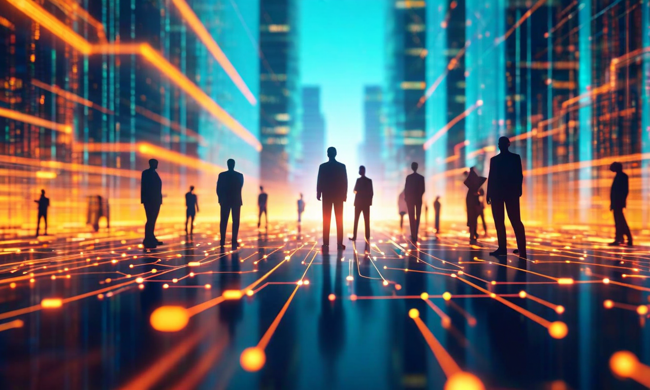 A small team of people working around a compact, glowing AI neural network structure in the foreground, contrasted against large, faded corporate buildings in the background, symbolizing efficient small-scale AI development versus large organizational complexity