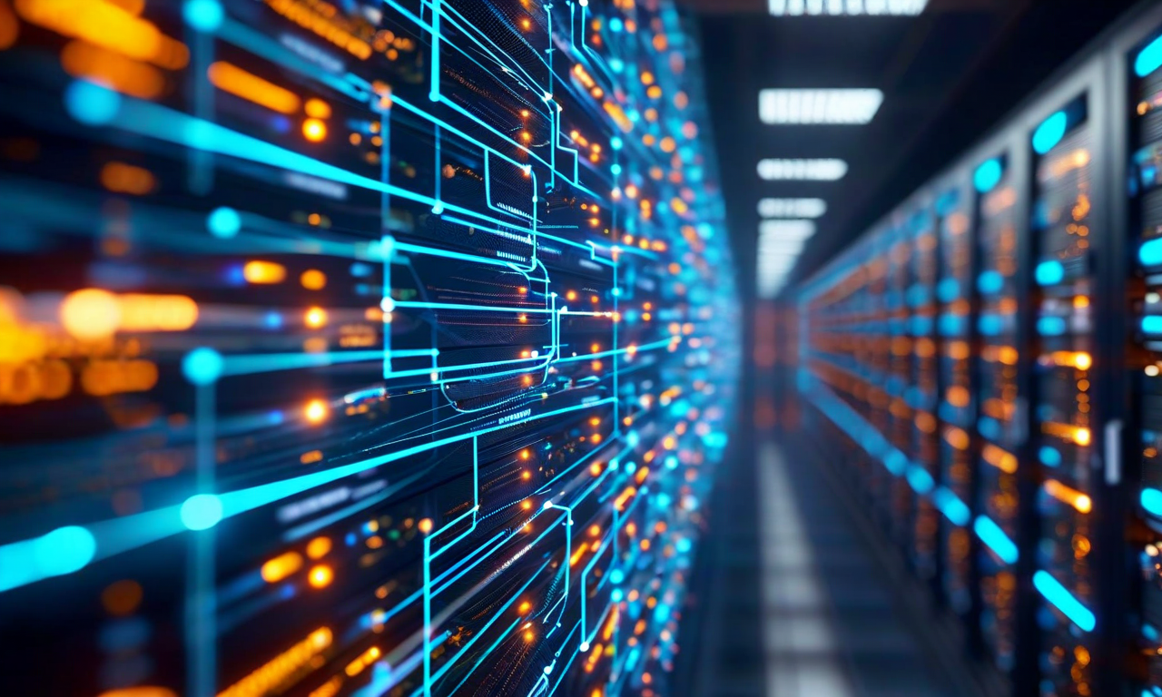 政府調達プロセスの複雑性を表現した抽象的なビジュアライゼーション。上部にRFI（情報要求）ドキュメントが表示され、中央部には相互接続されたデータノード、監視インフラ、統合システムが青と灰色のネットワークラインで結ばれている。下部には分散サーバーとデータ統合ポイントを示すデータベースアーキテクチャが表示されている。全体的に階層的な流れと複雑なシステム統合を視覚化している。