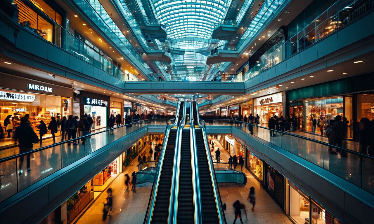池袋のサンシャインシティ周辺の夜間の都市風景。商業施設内の明るく照らされた通路と暗い隅々が対比され、人混みの中での孤立感が表現されている。セキュリティカメラの視点から見た複数階層の商業空間、ガラス製の仕切り、エスカレーター、そして人々の流れが映っている。人工照明と反射面による緊張感のある雰囲気が、日常と脆弱性の関係を象徴している。