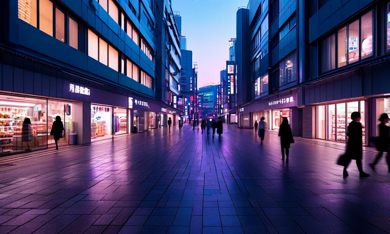 Evening view of a modern Japanese commercial complex exterior with muted lighting, depicting an urban shopping district in a somber, respectful tone