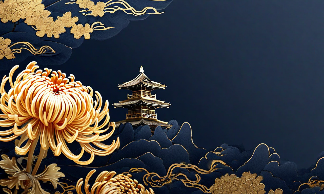 The Japanese Imperial Chrysanthemum Seal displayed prominently against a traditional indigo background with subtle Imperial Palace architectural elements and abstract flowing lines representing succession lineage