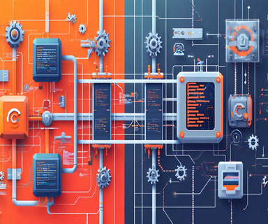 Split illustration showing Swift's safe memory management system on the left with organized geometric shapes in orange, contrasted with C's manual memory management on the right depicted as exposed mechanical components in gray and blue, connected by a bridge in the center representing the integration challenge