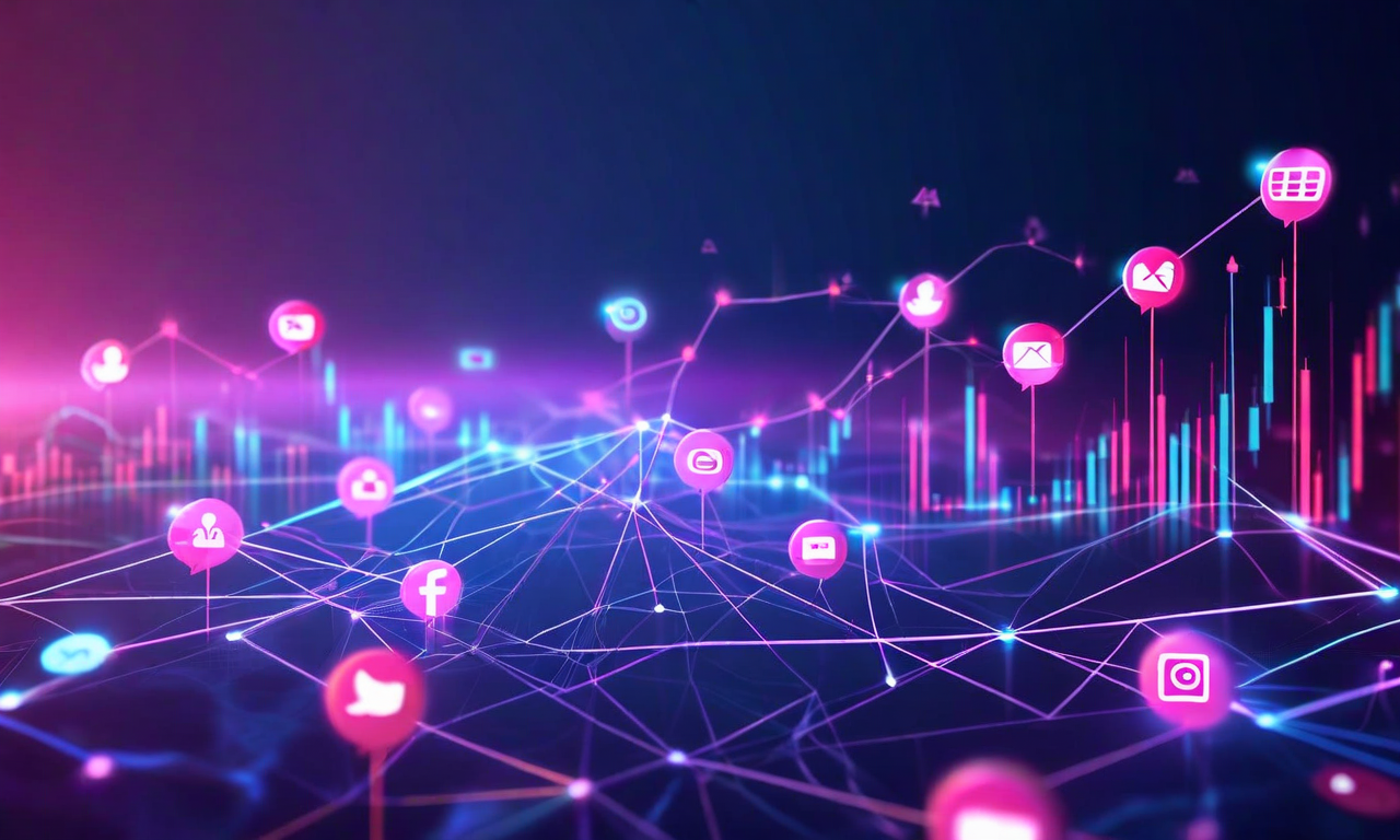 Abstract digital illustration showing prediction market charts and data streams flowing through interconnected social media network nodes against a blue-purple gradient background