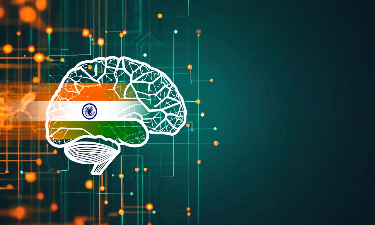 Digital illustration depicting AI content moderation with a neural network symbol being filtered through a regulatory framework, incorporating Indian national colors and geometric patterns representing government oversight and compliance