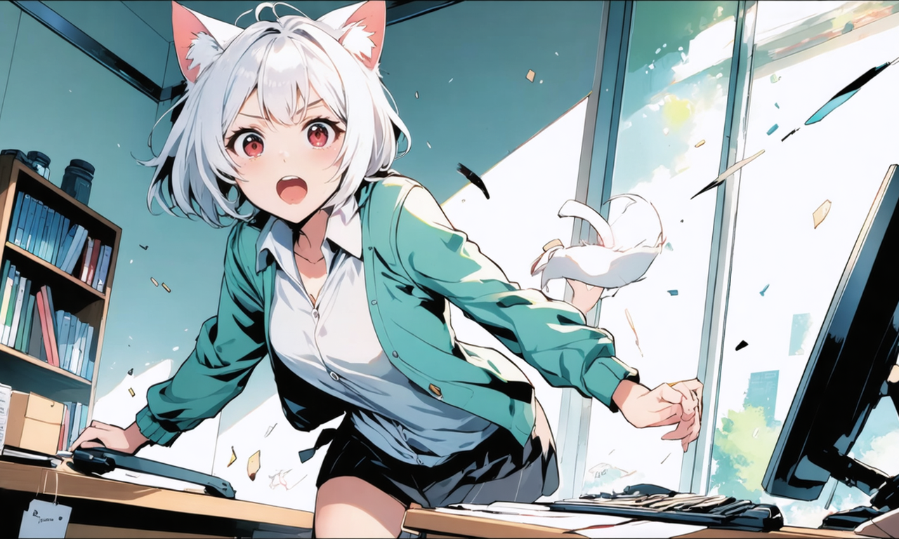 創業者が大きなハンドルを後継者に手渡し、遠くの丘の芽を見つめている中、Neko-sanがその様子に驚いているイラスト。