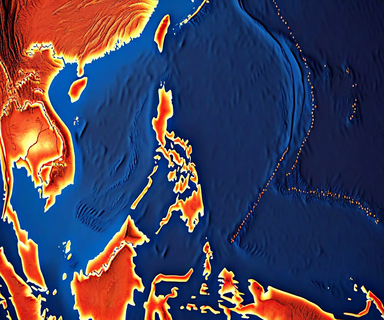 Scientific visualization of the Molucca Sea region showing tectonic plate boundaries and seismic wave patterns from a magnitude 7.6 earthquake, with Indonesia in the foreground and Japan in the background, rendered in professional blue and coral tones