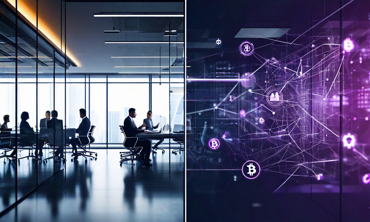 Split composition contrasting a legitimate-looking modern fintech office with overlaid abstract visualization of complex hidden data flows and regulatory gaps