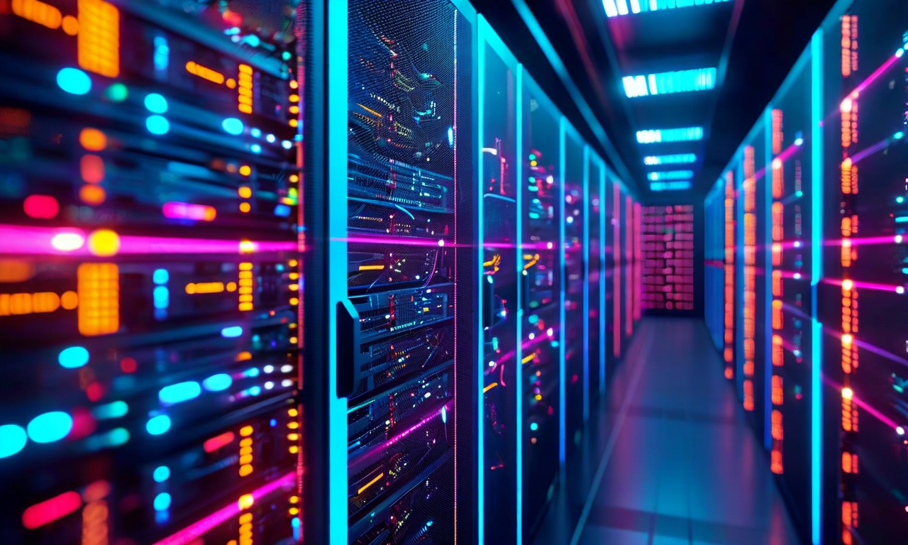 データセンター環境でのGPUクラスタの効率的な運用を示す概念イメージ。複数のデータリクエストが青と青緑色の光る経路を通じてGPUメモリモジュールに流入し、メモリが効率的に共有されている様子が描かれている。アイドルサイクルが最小化され、複数の計算ユニット間で並列処理が同期的に行われている状態を視覚化している。