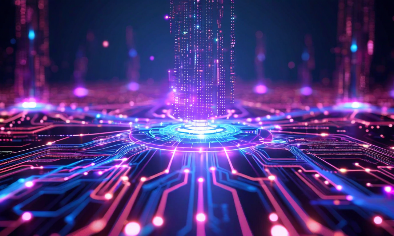 Inferactの資金調達とvLLM推論最適化を表現した抽象的なビジュアル。GPUメモリ効率化、コスト削減、エンタープライズ採用の3つの要素が、発光するノードと相互接続されたネットワークで統合されている。紫と青の光が中央のハブに収束し、テクノロジーの進化と市場拡大を象徴している。