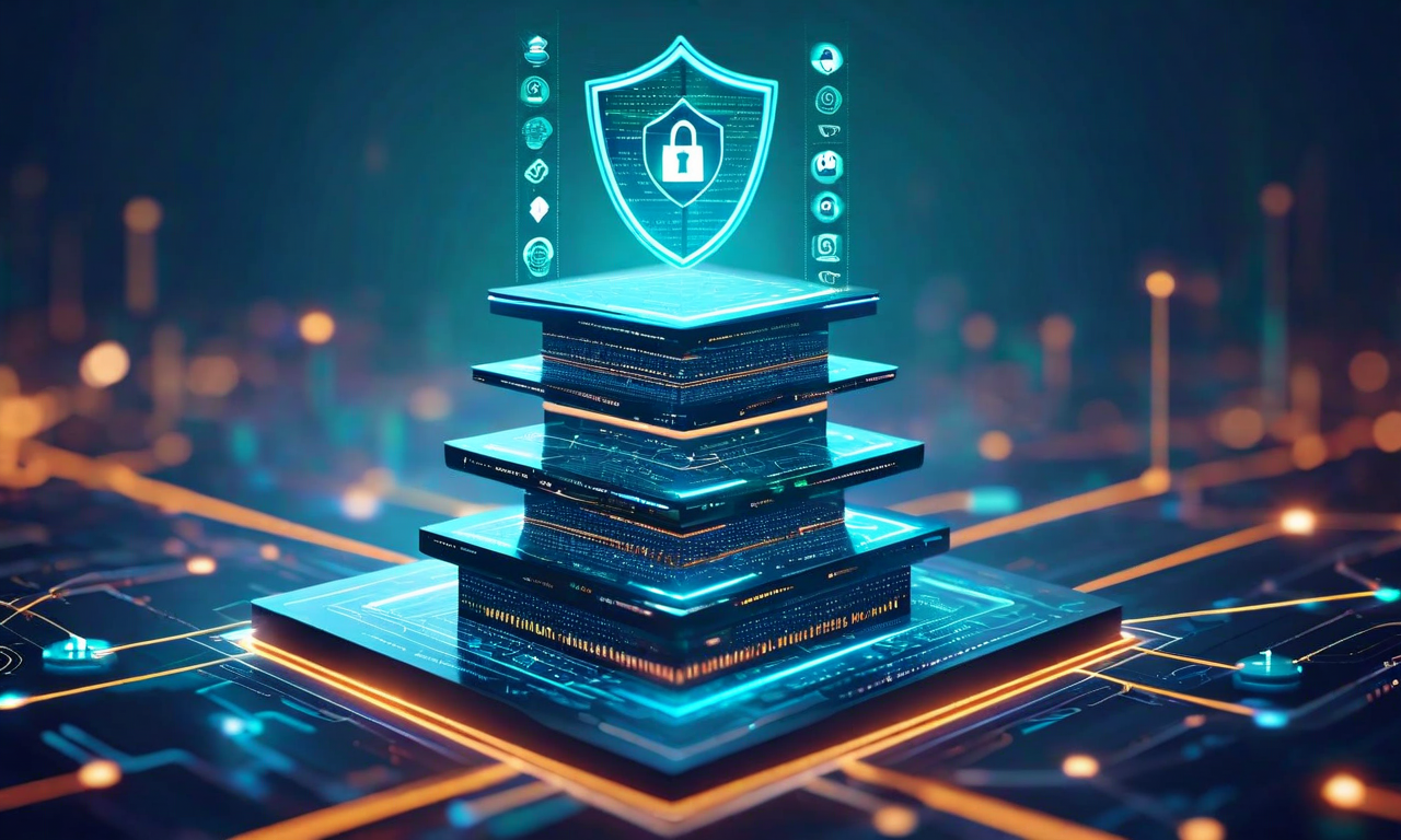 エンタープライズ環境におけるリスク軽減戦略の多層構造を示す概念図。技術、運用、市場の3つのリスク要因に対して、段階的な検証チェックポイント、監視体制、フェイルセーフメカニズムが構築されている様子を視覚化。盾アイコン、検証ノード、相互接続された監視ネットワークが含まれ、青と緑の色調で安全性と堅牢性を表現している。