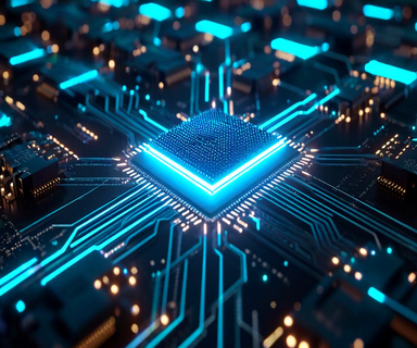 3D visualization of GPU memory architecture showing organized memory blocks with flowing data streams, representing efficient LLM inference processing through vLLM's paged attention mechanism
